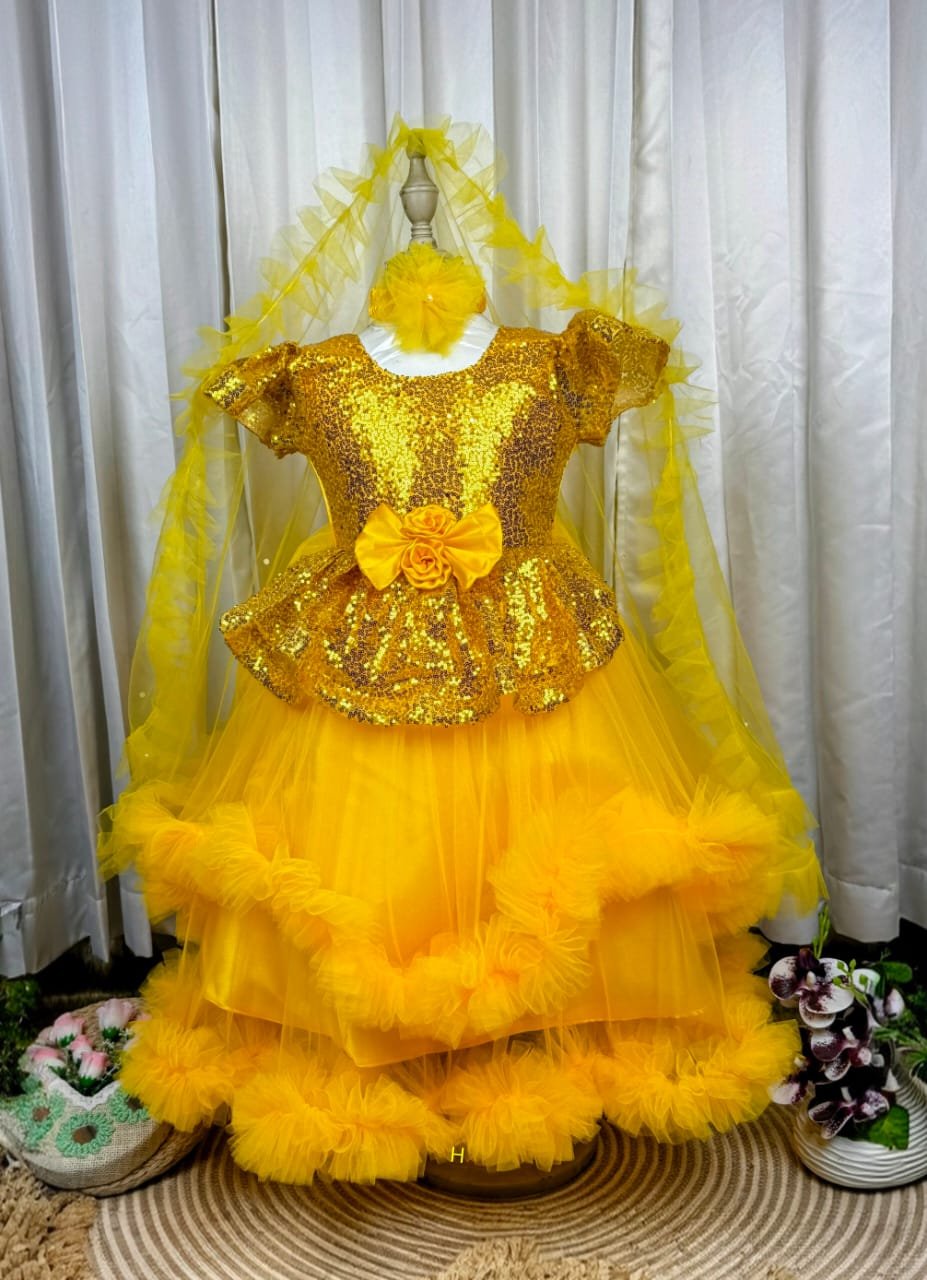 Party Princess Frock Golden Sequin Kids Party Dress (Yellow)